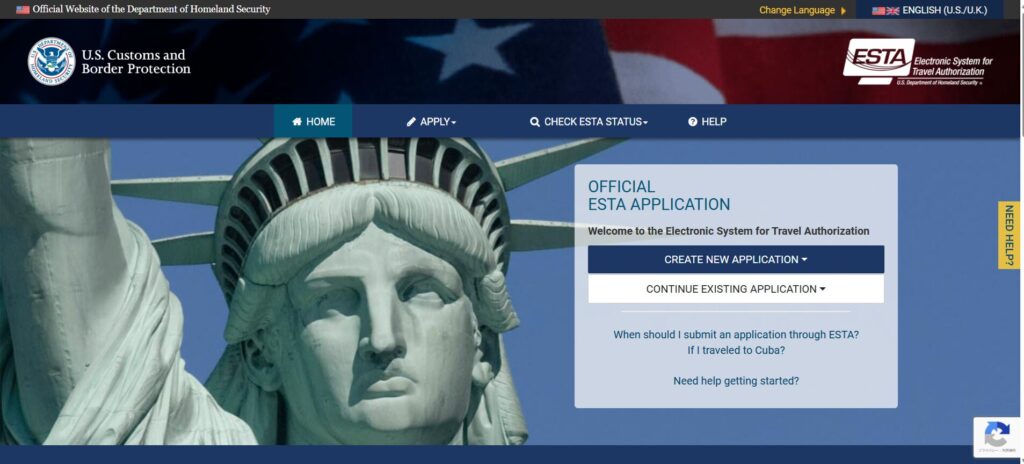 ESTAの申請画面です。